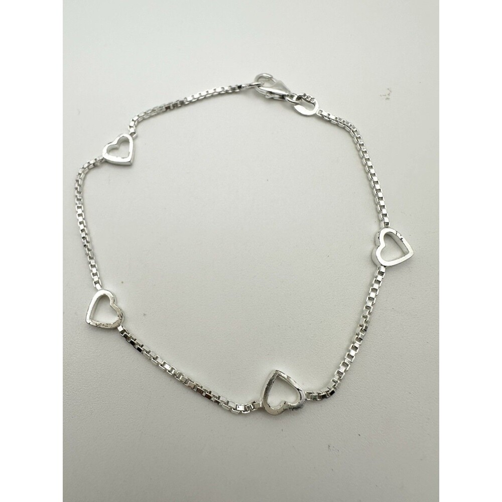 925 Sterling Silver Box Chain Heart Bracelet Delicate 7.25”